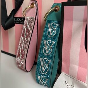 Victoria's Secret Pink & Teal Sparkly 
Wristlet keychain strap pair